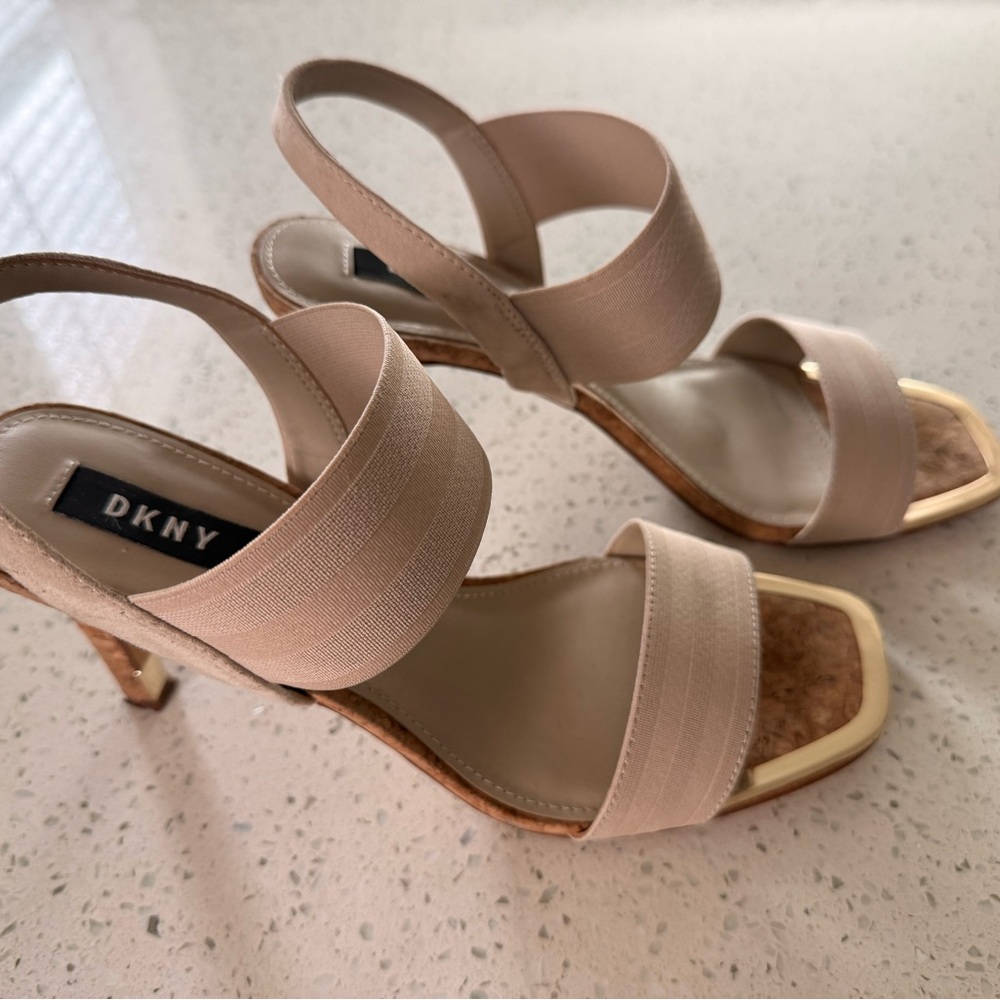 DKNY Blush Nude Strappy Slingback Heels with Gold Trim